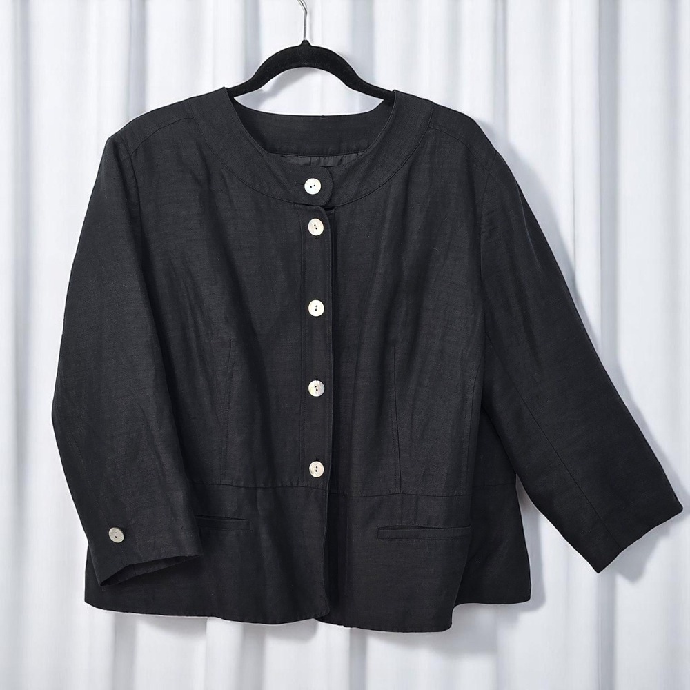 Covington Woman Linen Blend Button Front Blazer Black Lined Plus Size 22W Career